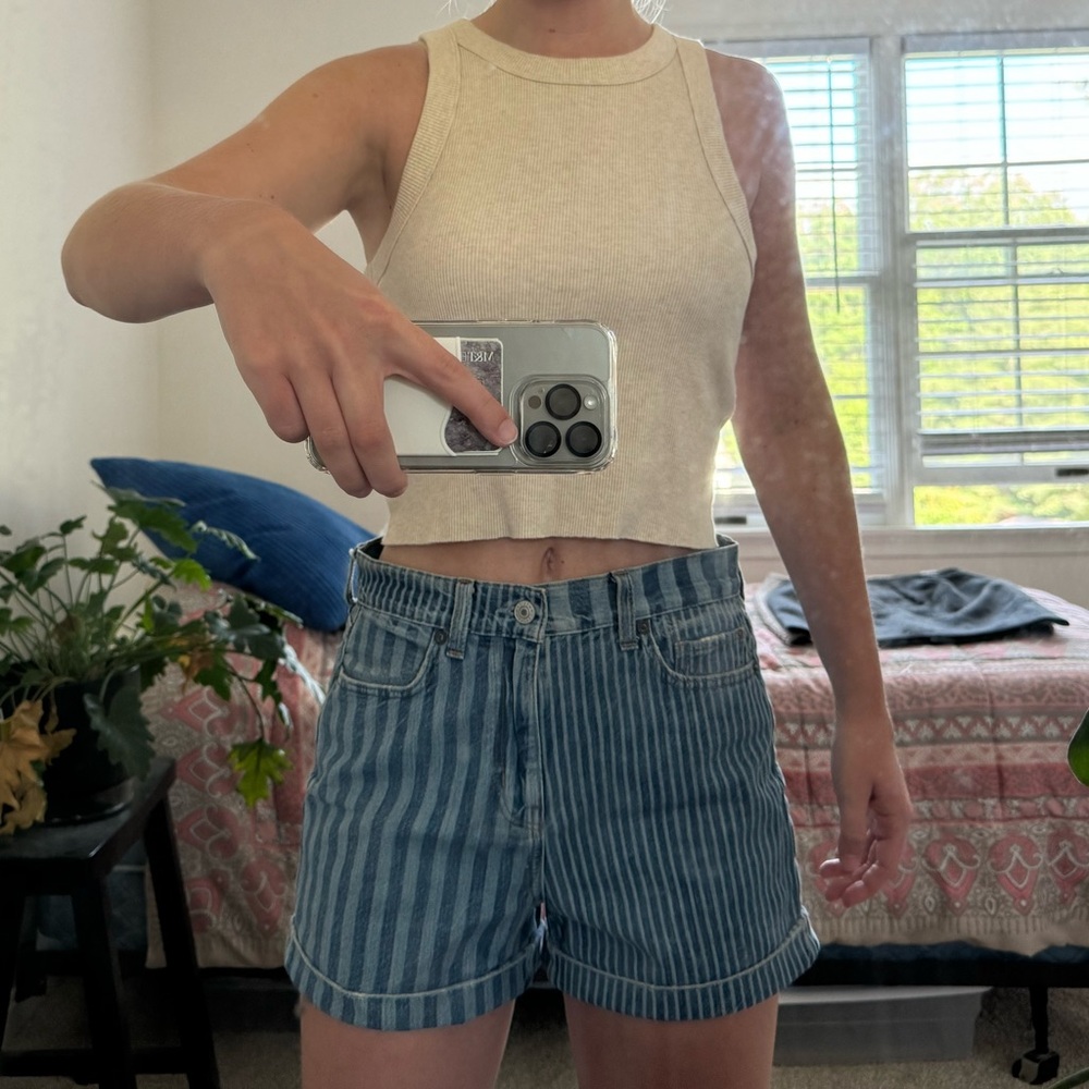American Eagle medium wash denim / jean shorts. Striped jean shorts
